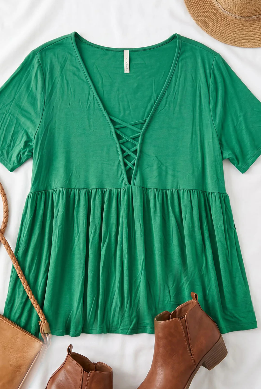 Green Lace-Up Babydoll Top