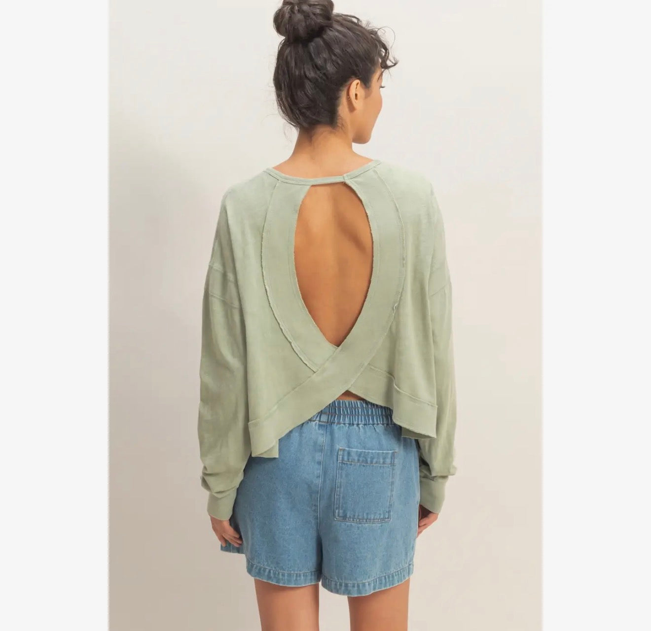 Sage Green Cross Open Back Long Sleeve