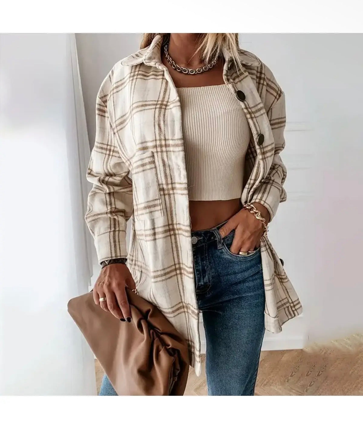 Mid Length Plaid Buttoned Jacket
