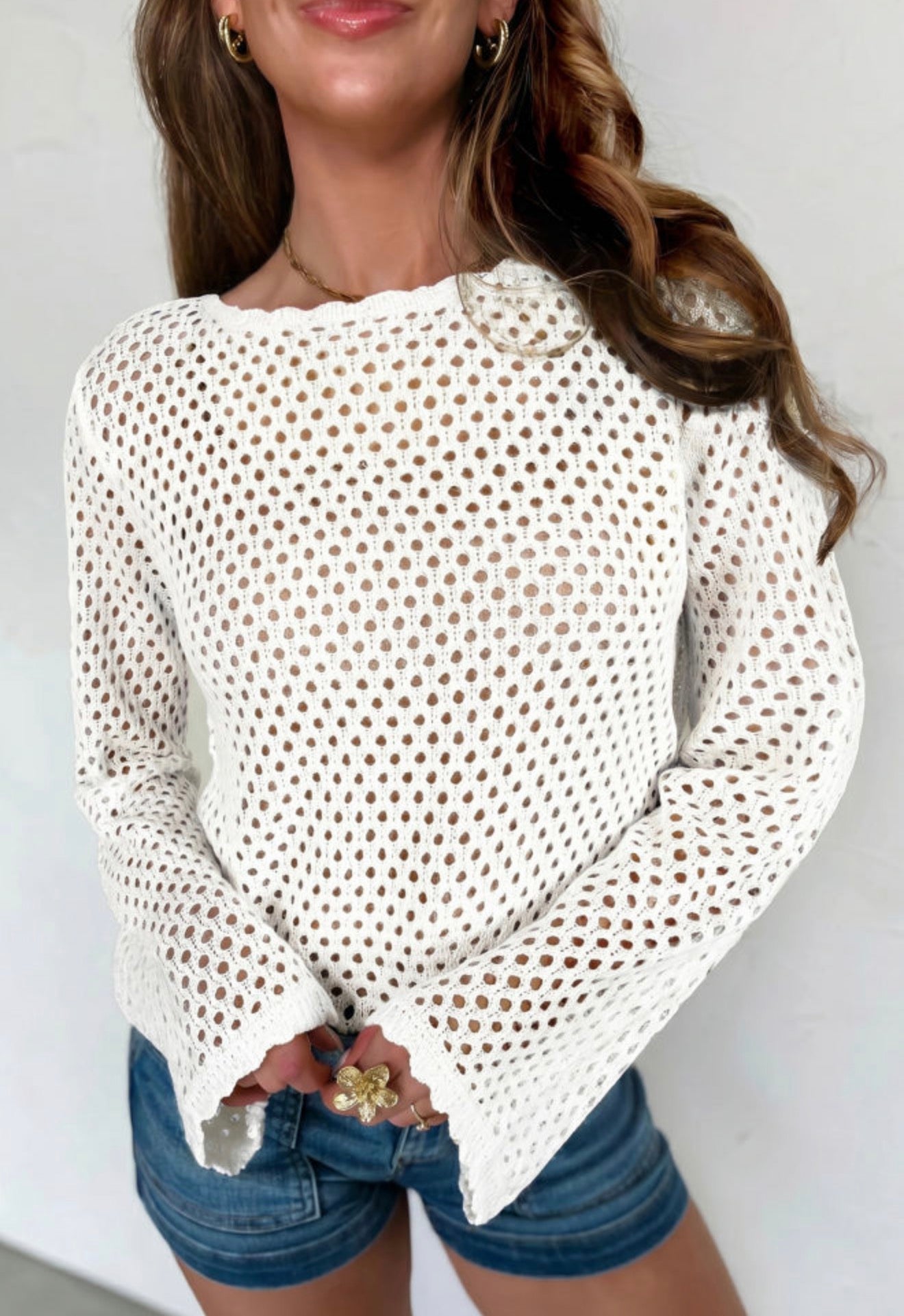 White Crochet Knit Long Sleeve Top