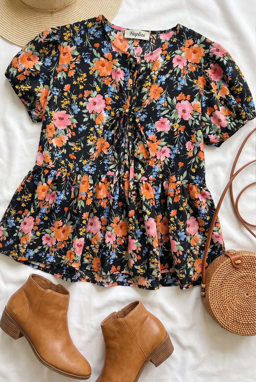 Black Floral Peplum Top